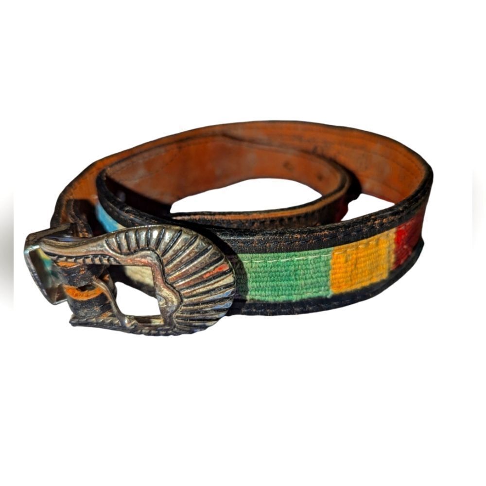 Women's vintage Southwestern black leather, silver tone and rainbow knit belt